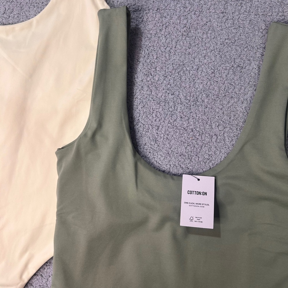 Cotton On Bodysuit Cleo Scoop Neck Low Back S Green Cream Minimal Basic 2 Pack - Picture 3 of 11
